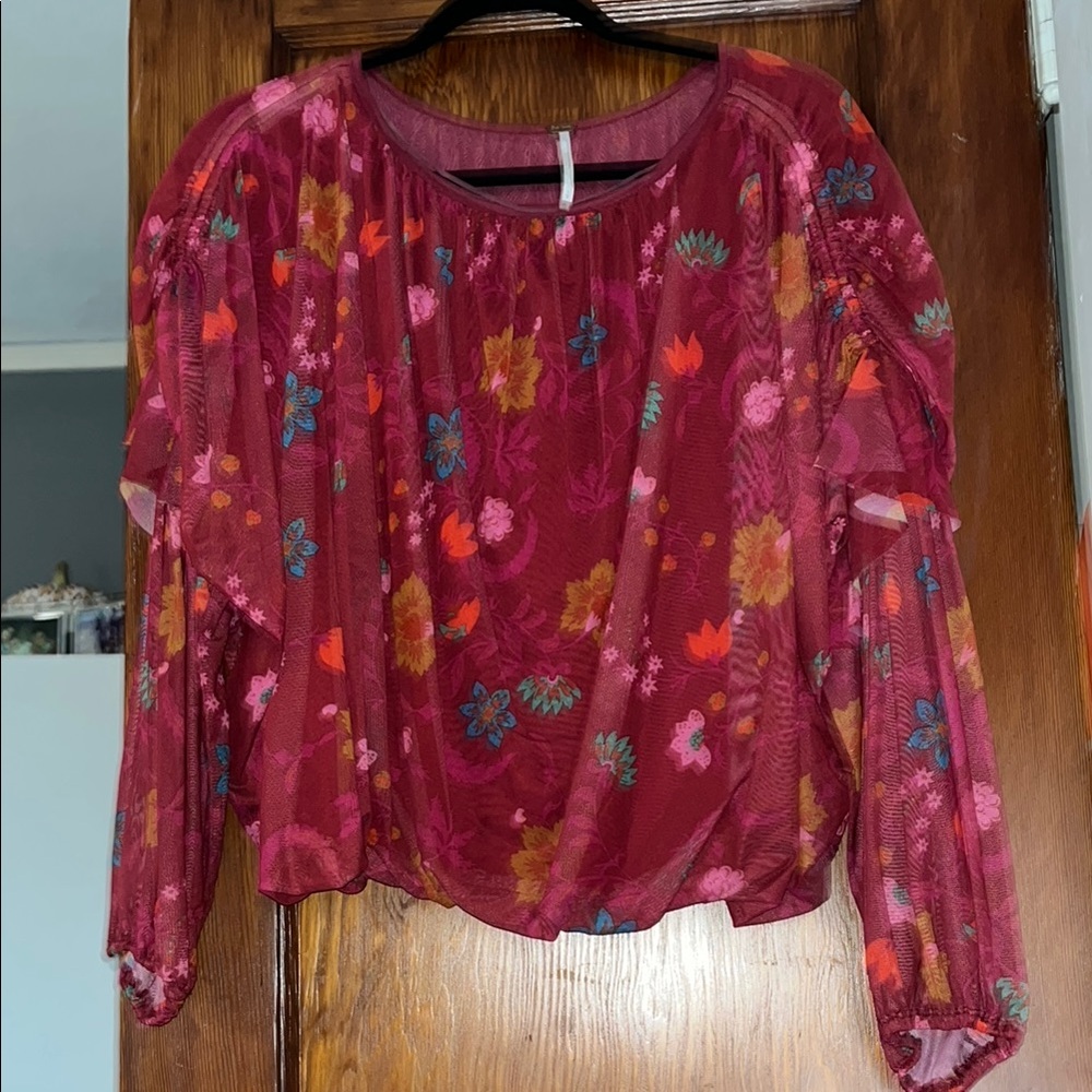 Free People Floral Sheer Women's Top - Red and Pink